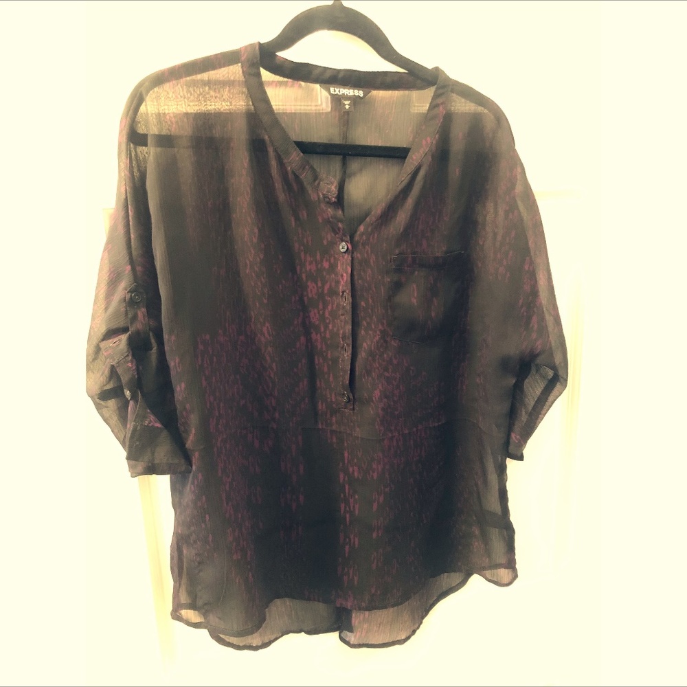 Express Purple and Black Print Short SLeeve Blouse